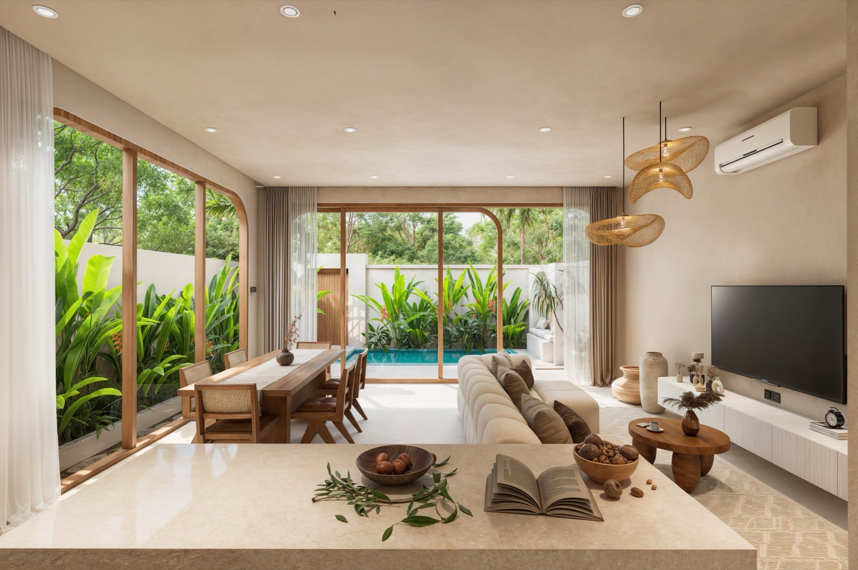 Open-plan living with pool view